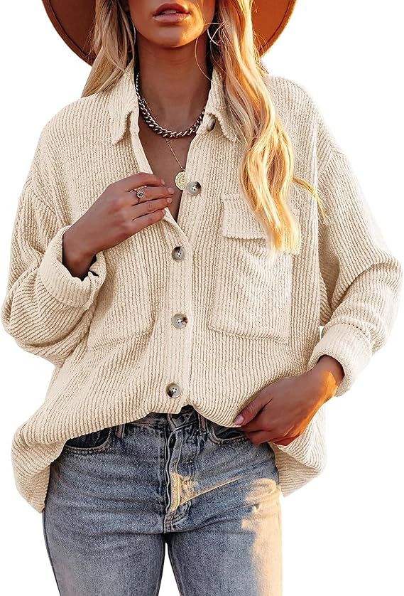 Womens Corduroy Button Down Shirt Long Sleeve Casual Jacket Tops Shacket | Amazon (US)