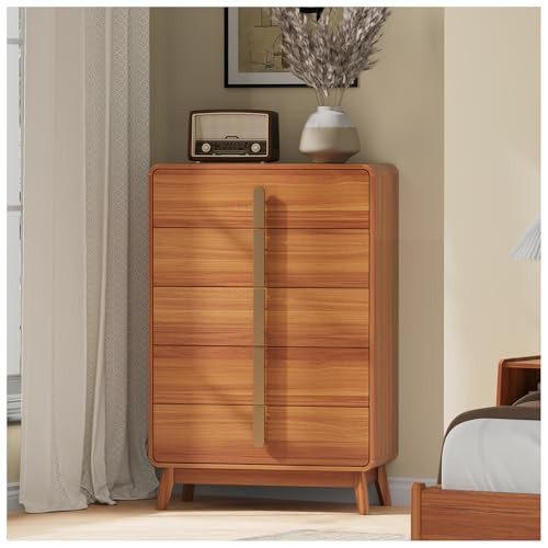 JOINICE Mid Century Modern Dresser,5 Drawer Dresser with Storage,Tall Dresser with Metal Handles,Large Wood Drawer Organizer for Bedroom,Living Room,Hallway,Cherry | Amazon (US)