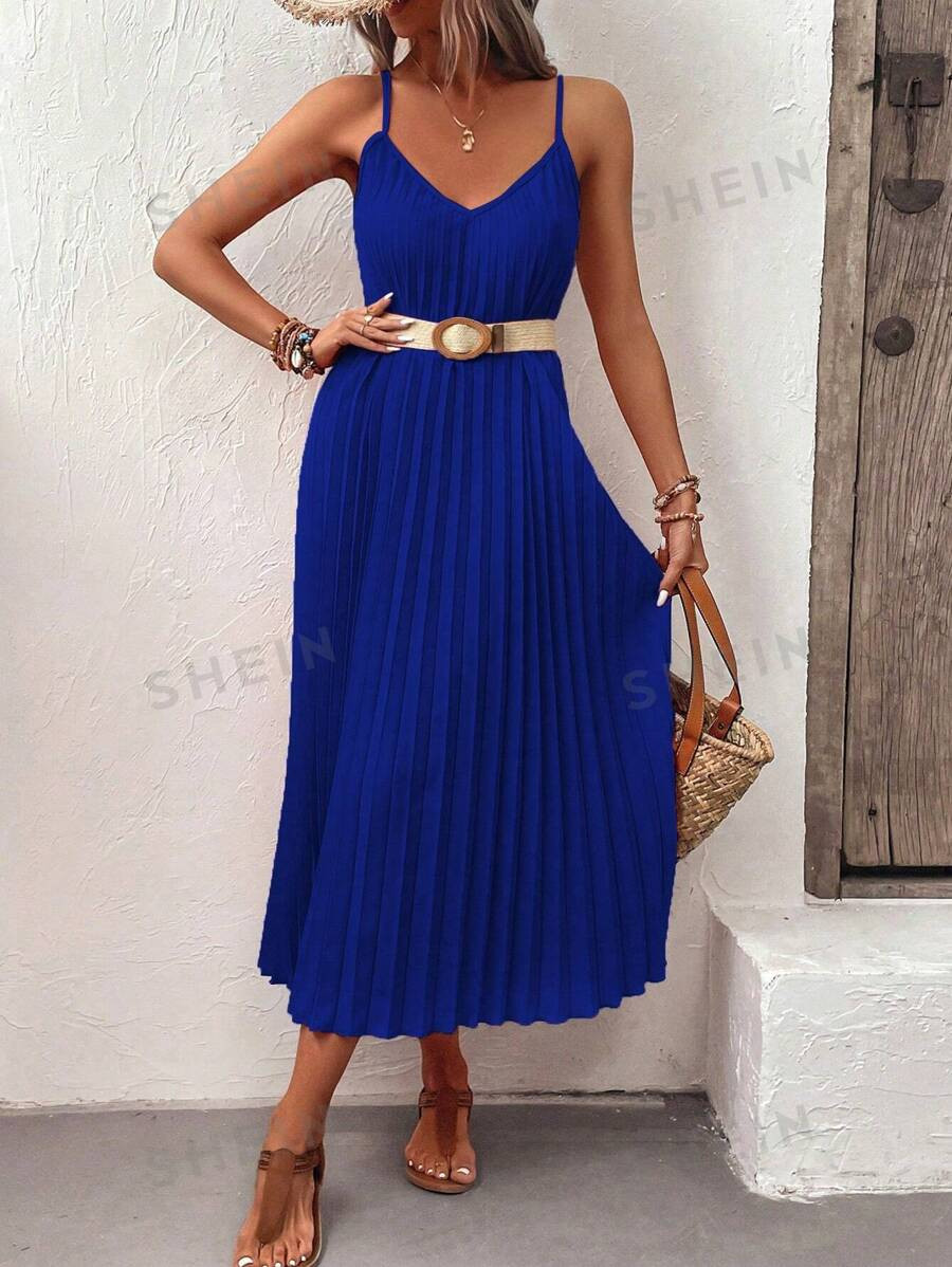 SHEIN VCAY Solid Color Pleated V-Neck Spaghetti Strap Casual Summer Dress | SHEIN