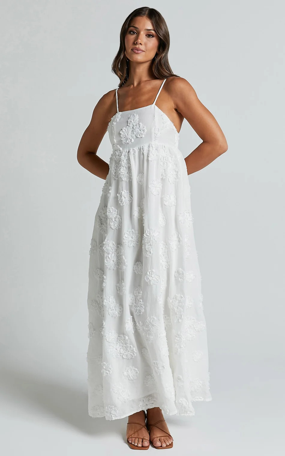 Sleeveless Straight Neckline Floral Detail Dress in White Embroidery | Showpo (US, UK & Europe)