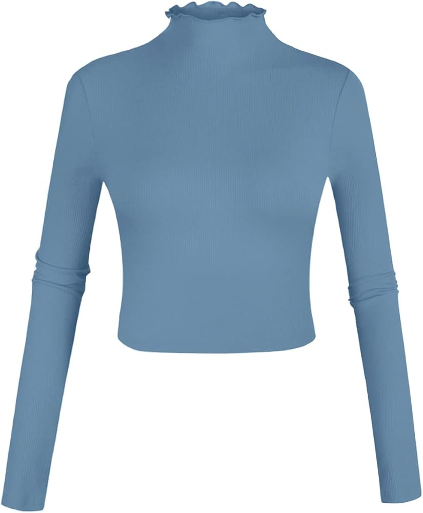 POPZONE Women's Long Sleeve Turtleneck Shirt Mock Neck Tops Ribbed Lettuce Trim Crop T-Shirt | Amazon (US)