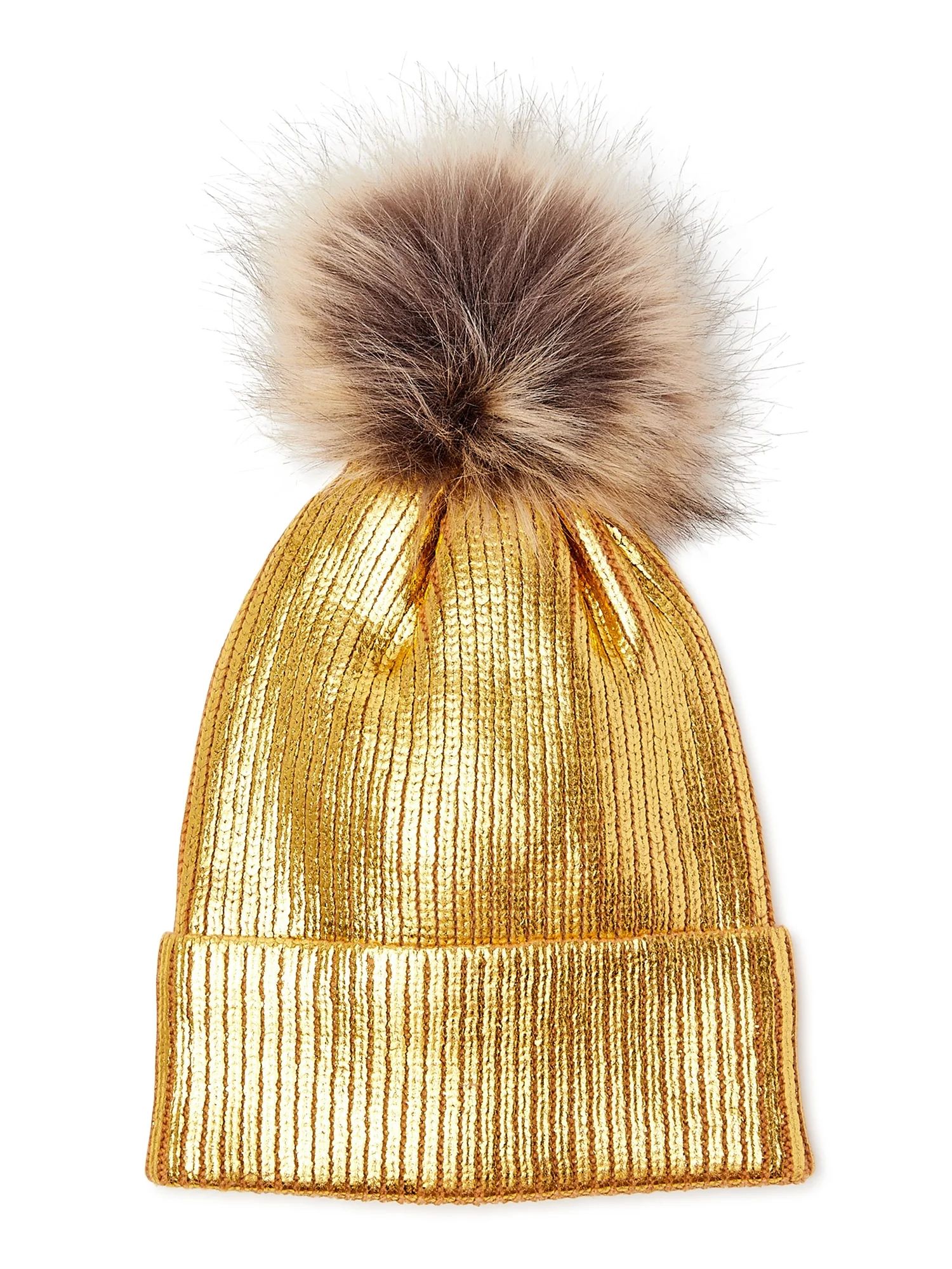 Scoop Women's Metallic Beanie Hat with Faux Fur Pom | Walmart (US)