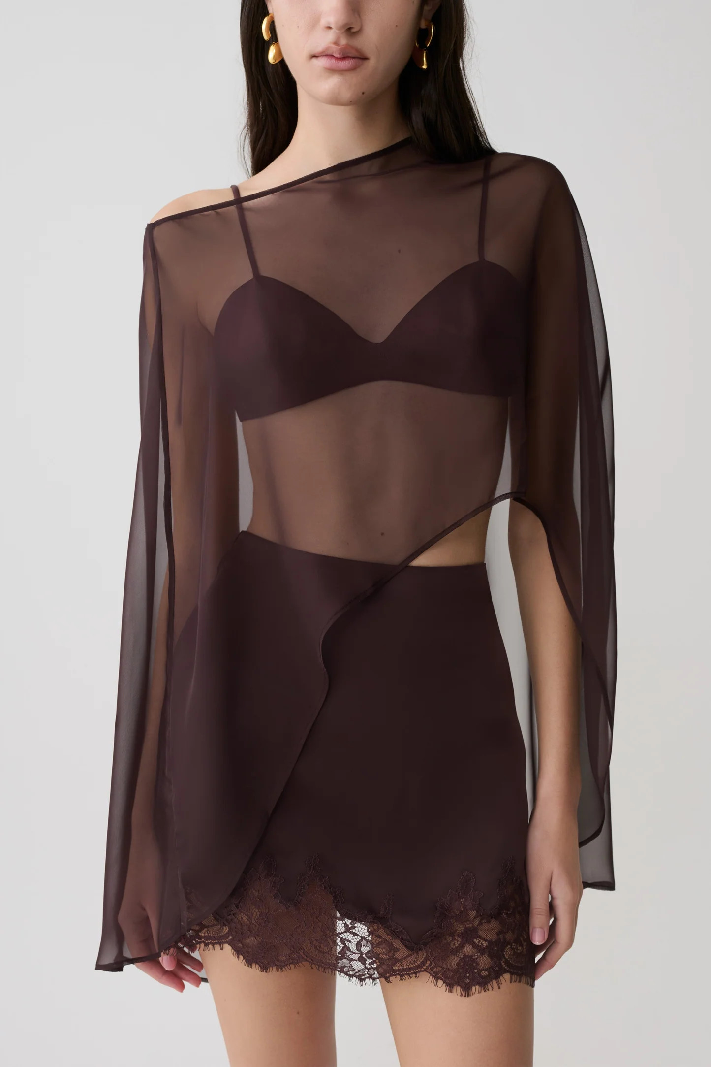 Kirstine Bralette With Chiffon Cape - Chocolate | MESHKI US