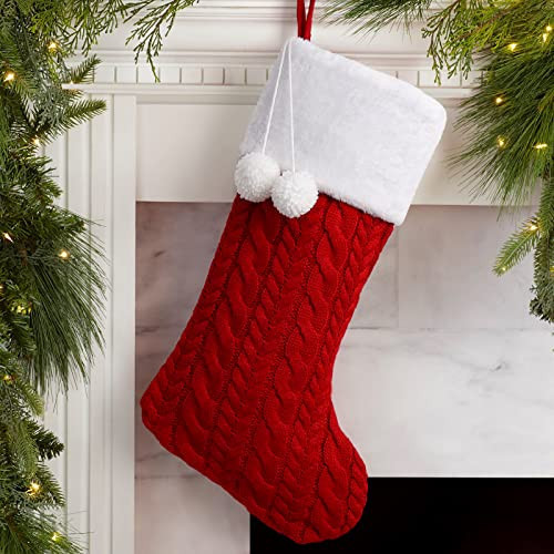 XAMSHOR Knit Christmas Stockings with Pom Poms, 20 Inches Classic Christmas Hanging Stocking, Xmas Decorations, Red | Amazon (US)
