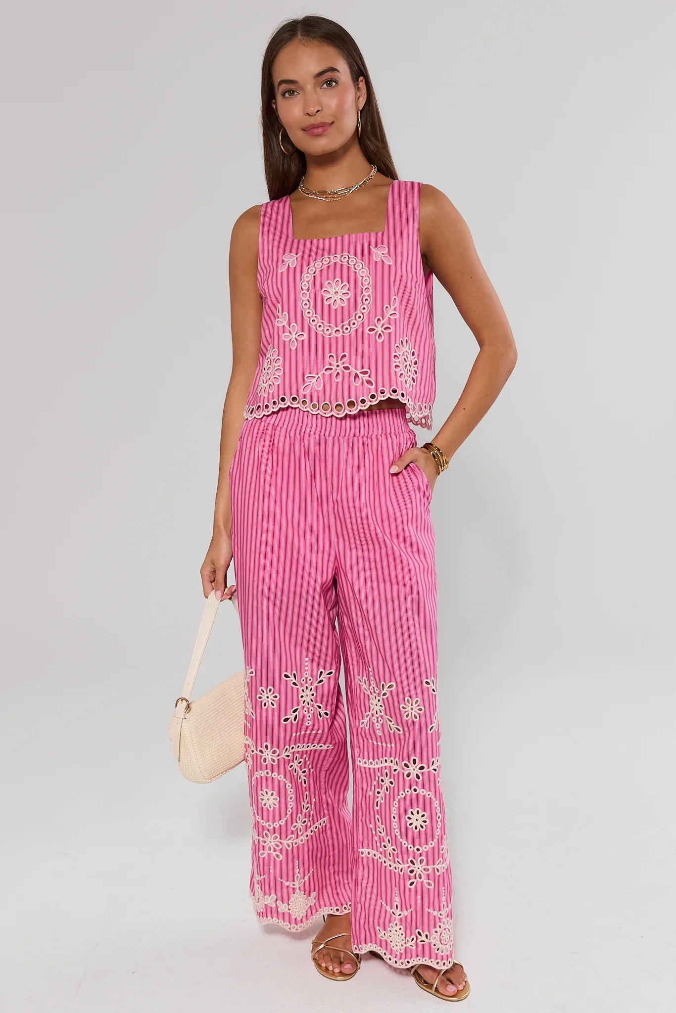 Pink Striped Eyelet Pants | Avara