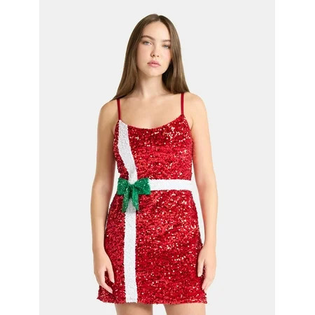 No Boundaries Christmas Present Sequin Mini Dress, Women’s | Walmart (US)