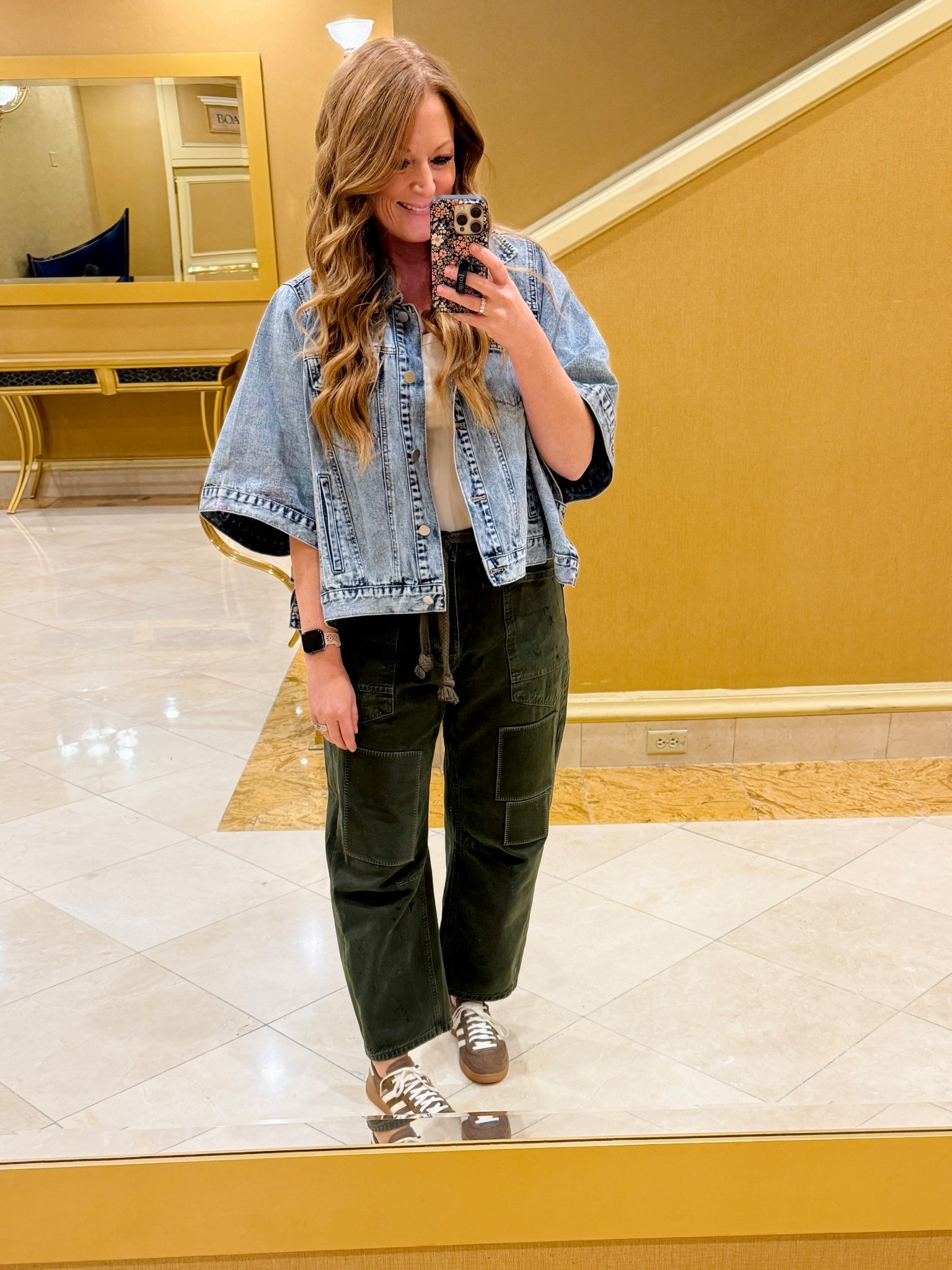 I am obsessed with this denim short sleeve jacket. It hangs away from the bottom & is very comfy! I'm wearing my normal size M.

Pants are Moxie pants from Free people. I sized down one for a more structured fit.

These brown adidas go with so many outfits!

#LTKOver40