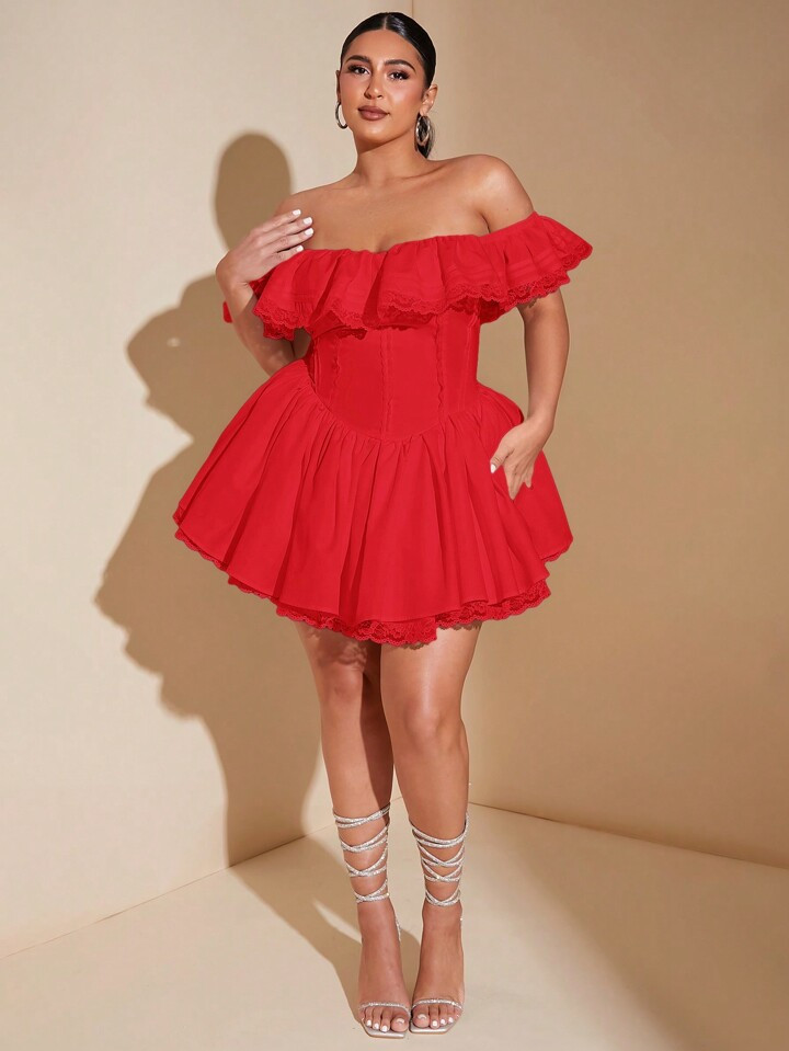 SHEIN BAE Plus Size Ruched Lace Trim Off Shoulder Elegant Pleated Dress White Sweet & Sexy Lace P... | SHEIN