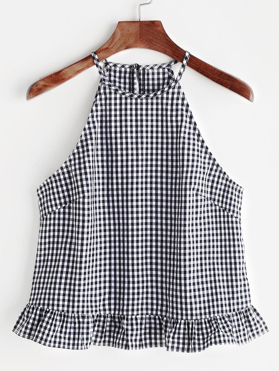 Gingham Buttoned Keyhole Back Frill Halter Top | SHEIN