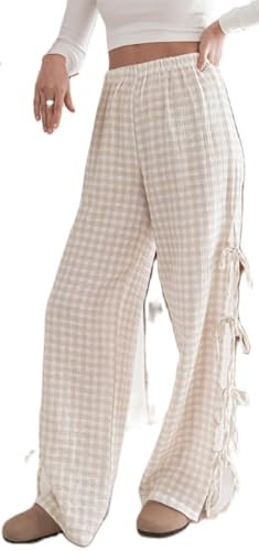 Womens Lounge Bowknot Tie Gingham Pajama Pants Preppy Plaid Sleep Pj Pants Cut Out Side Slit Aesthetic Long Pants | Amazon (US)