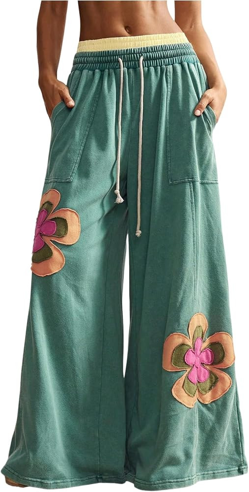 BEAUDRM Women's Floral Baggy Wide Leg Sweatpants Low Rise Boho Pants | Amazon (US)