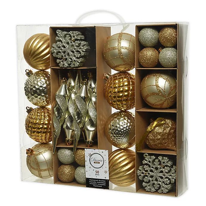 Baubles and Figures 50-Count Assorted Shatterproof Ornaments Set in Orange/Gold | Bed Bath & Beyond