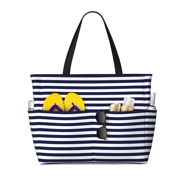 Kuqiui Navy Blue And White Stripes Print Beach Pool Bags Tote for Women Ladies Large Gym Tote Car... | Walmart (US)