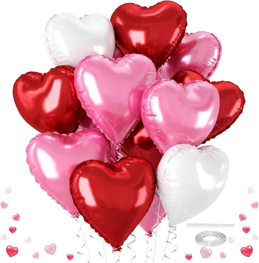 Pink and Red Heart Balloons - 12 Pcs 18 inch Foil Heart Shaped Balloons, Love Valentines Balloons... | Amazon (US)