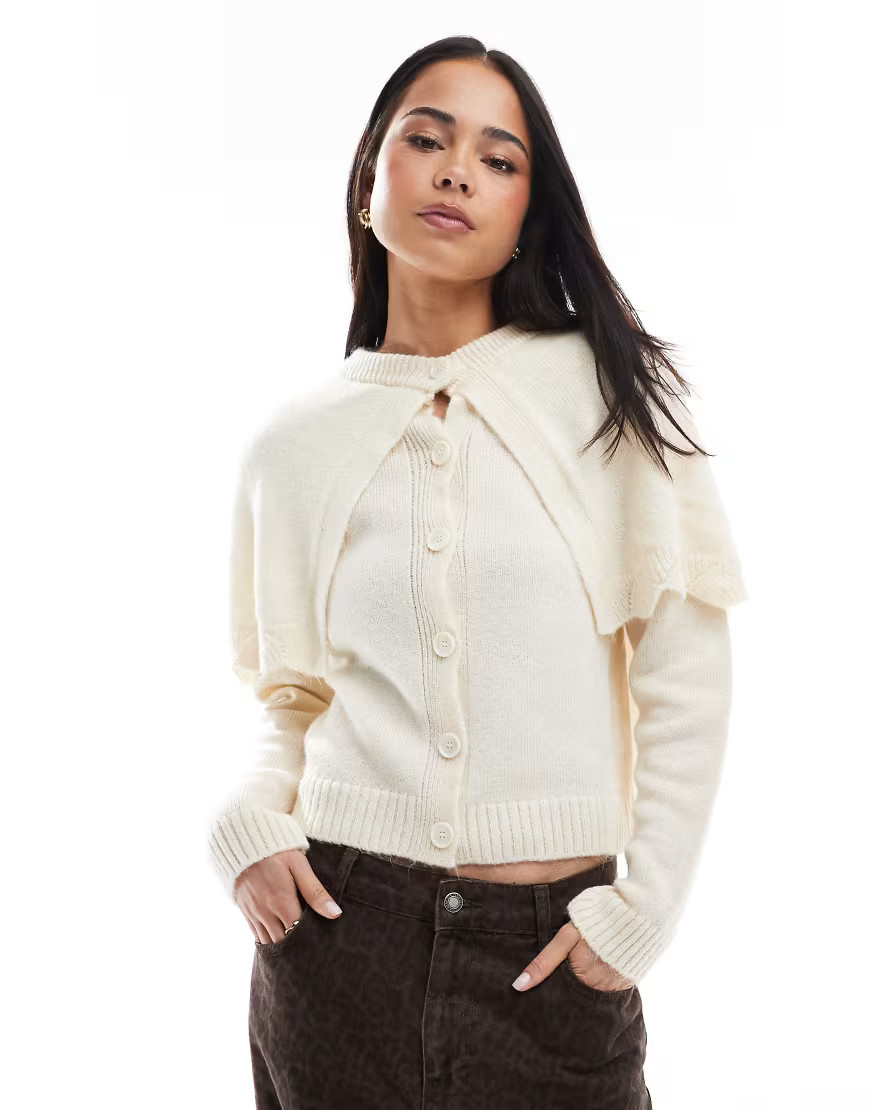 Miss Selfridge mock cape button-up cardigan in cream-Navy | ASOS (Global)