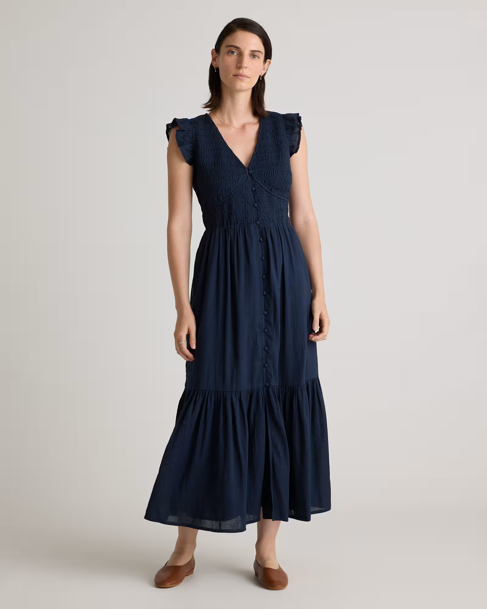 Organic Textured Cotton Smocked V-Neck Midi Dress | Quince