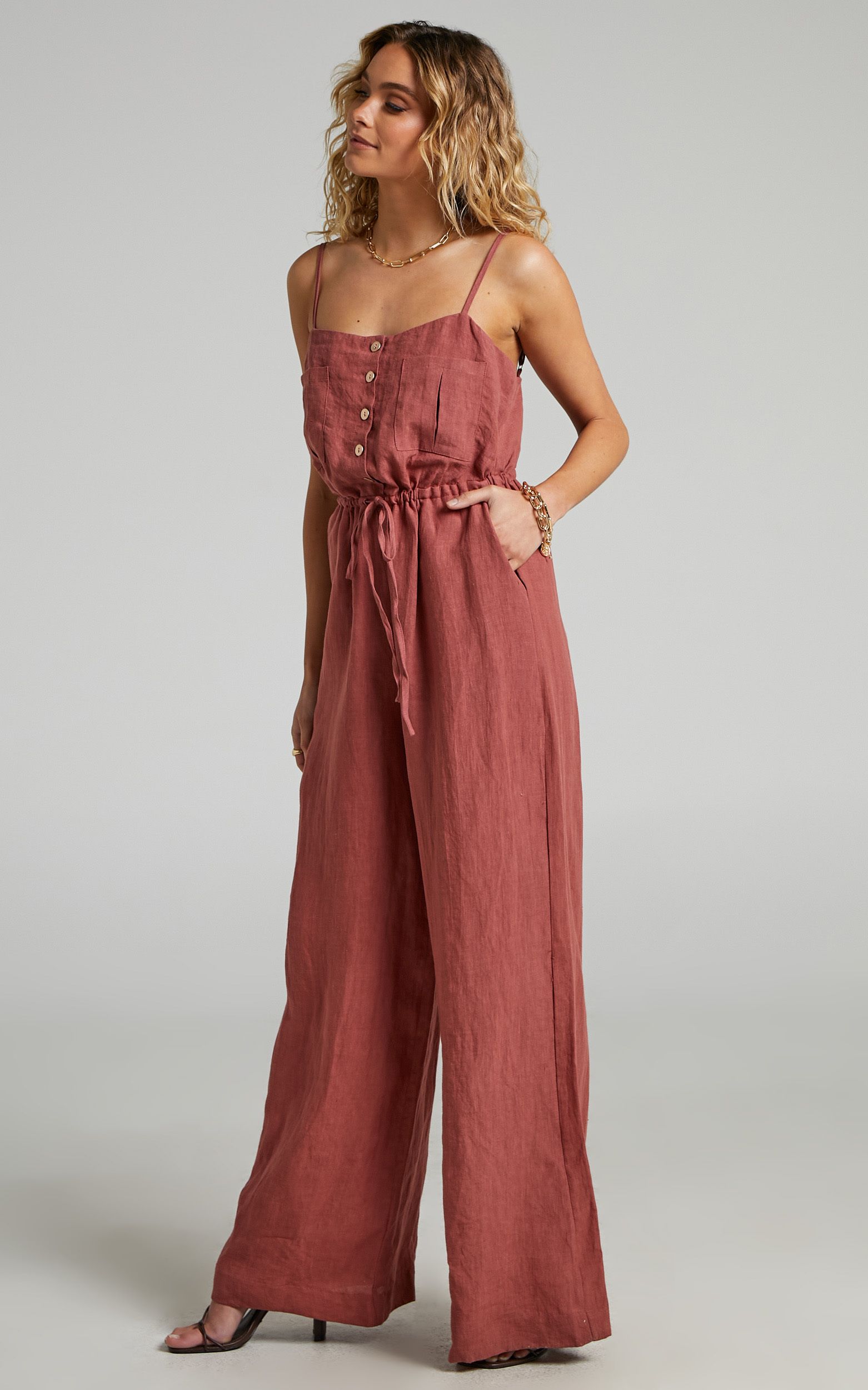 Amalie The Label - Frances Linen Button Up Jumpsuit in Burnt Rose | Showpo (US, UK & Europe)