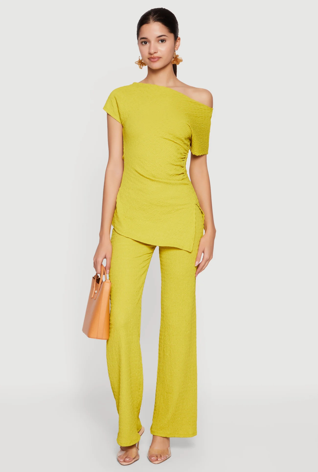 Textured Knit Ruched Side One Shoulder Top | Rainbow Shops