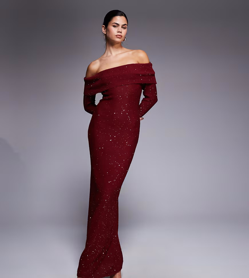 Kaiia exclusive off the shoulder long sleeve sequin knit maxi dress in burgundy-Red | ASOS (Global)