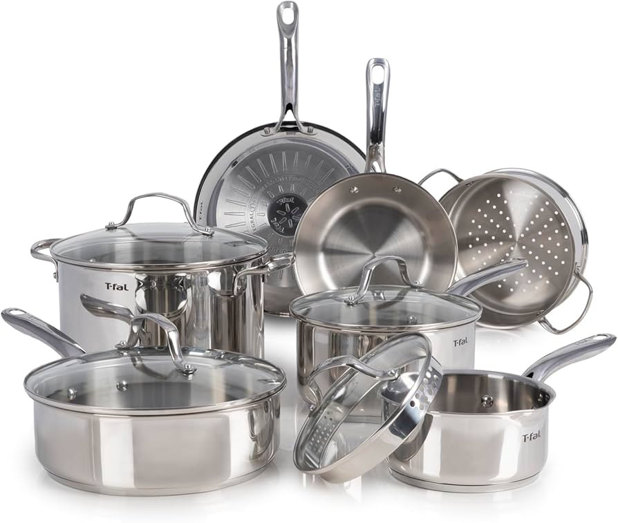 T-fal Stainless Steel Cookware Set, 11 Piece, Induction Cookware, Oven Safe to 500°F, Kitchen Co... | Amazon (US)