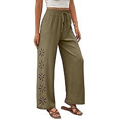 EVALESS Womens Beach Pants Summer Boho Drawstring Elastic Waist Hollow Out Textured Wide Leg Vaca... | Amazon (US)