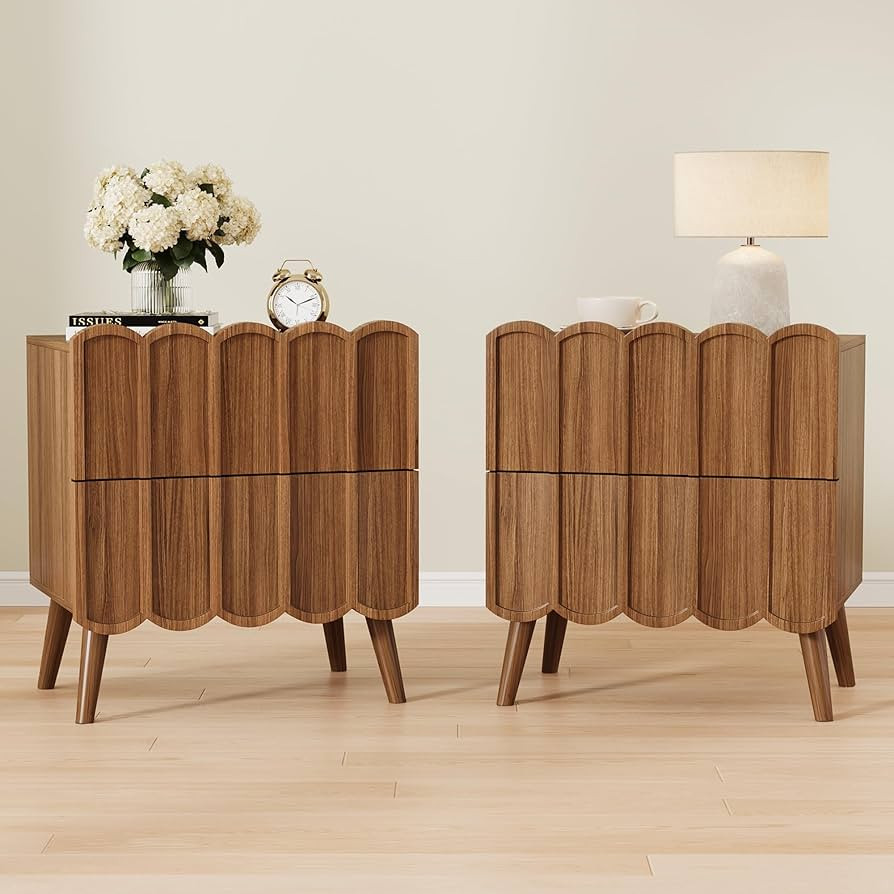 Set of 2 Modern Nightstand with 2 Drawers, Wood Bedside Table with Arch Curved Design, Fluted End... | Amazon (US)