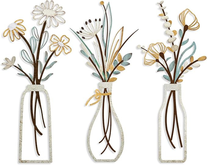 Pigort 3 Pieces Metal Flowers Wall Arts - Rustic Farmhouse Decor Beige Minimalist Flower Wall Dec... | Amazon (US)
