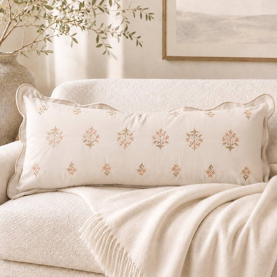 BlissBlush Long Lumbar Pillow Cover 14x36 for Bed, Cream White Velvet Decorative Lumbar Pillow Co... | Amazon (US)