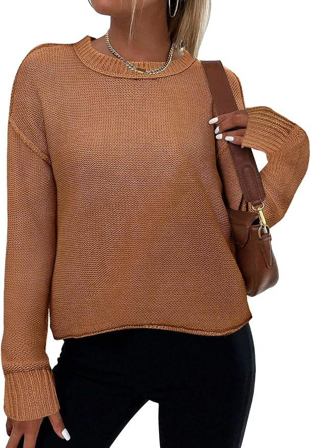 Zeagoo Women's Crew Neck Cropped Sweater 2024 Fall Long Sleeve Chunky Knit Pullover Sweater Tops | Amazon (US)