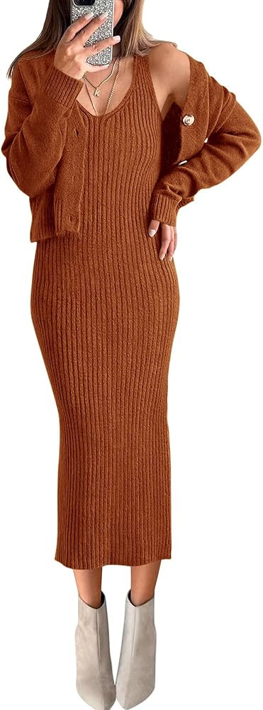 BTFBM Women Fall Knit Sweater Dress Set Bodycon Slit Midi Dresses Button Down Long Sleeve Cropped... | Amazon (US)
