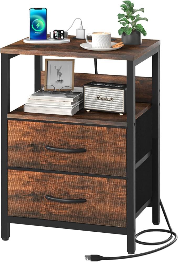Yoobure Nightstand with Charging Station, Small Night Stand with Fabric Drawers and Storage Shelf... | Amazon (US)