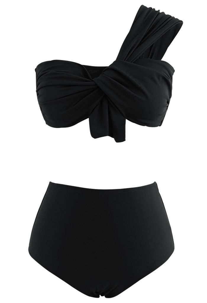 Sweet Knot One-Shoulder Bikini Set in Black | Chicwish