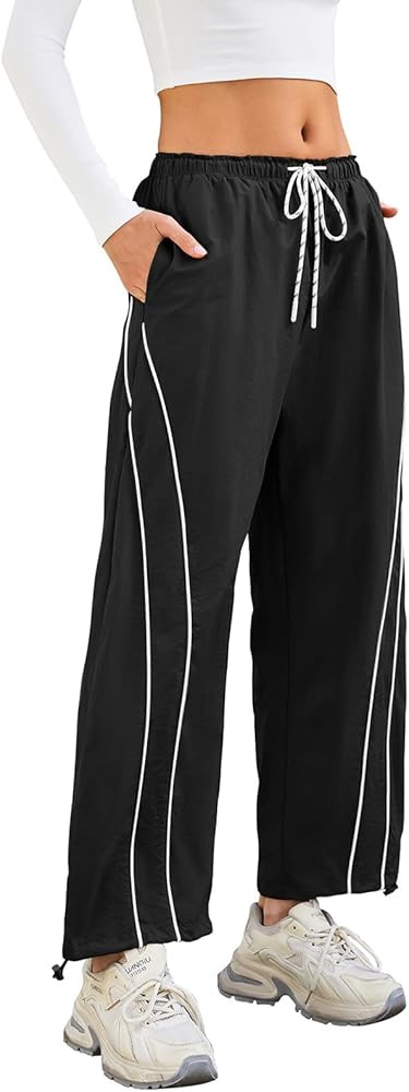 Womens Wide Leg Track Pants Drawstring High Rise Striped Elastic Waist Baggy Pants | Amazon (US)
