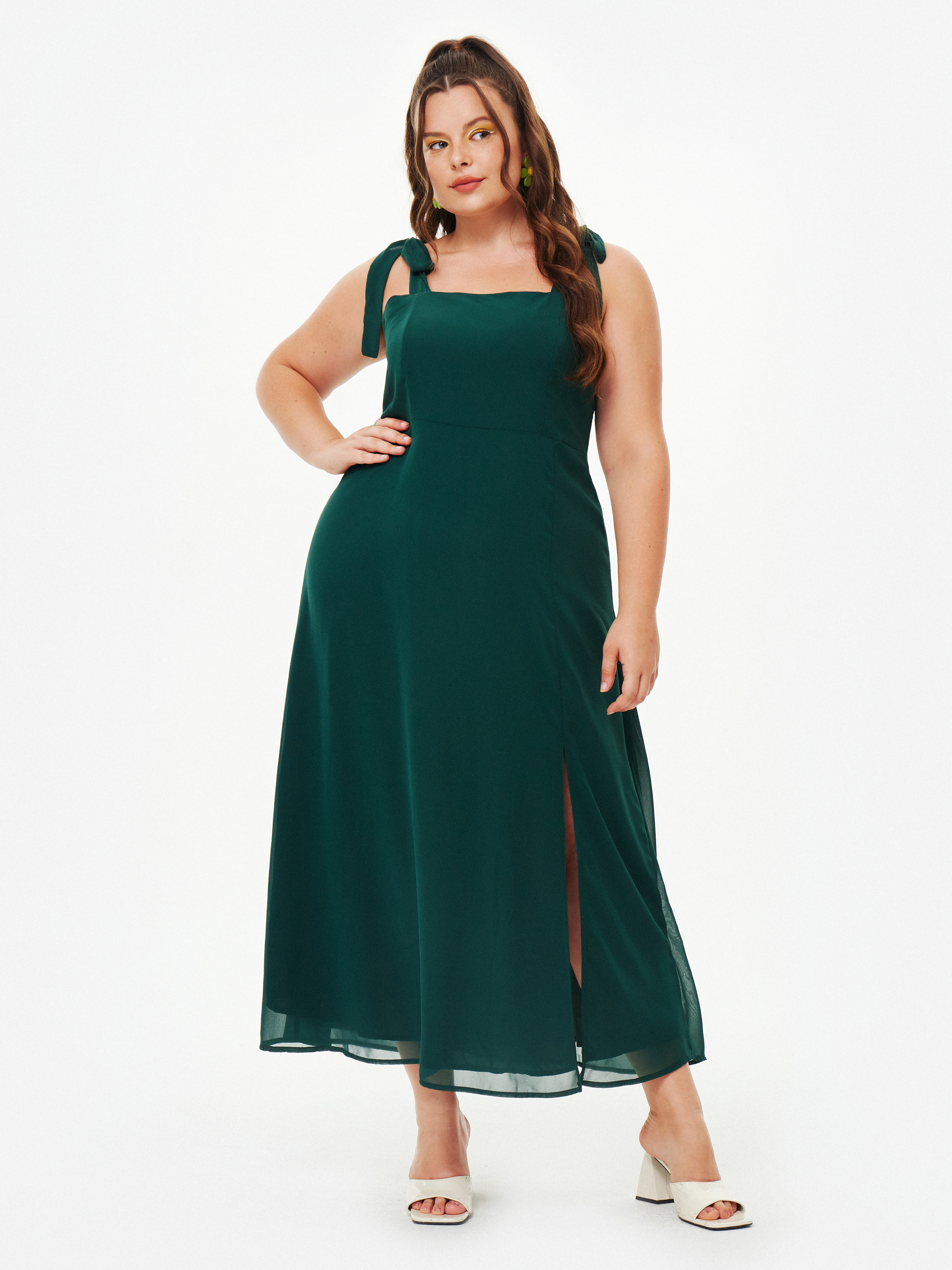 Curve & Plus Solid Tie Shoulder Slit Dress - Cider | Cider