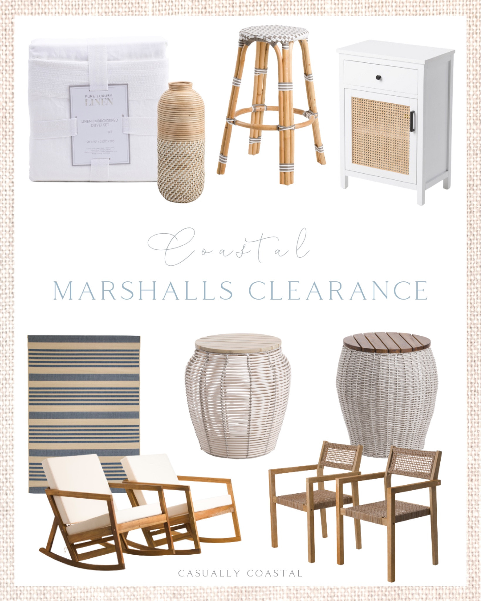 Noticed some great deals on clearance at Marshalls - particularly if you’re in need of outdoor furniture! These little side tables are just $29 each, and this set of TWO outdoor dining chairs is just $99! This Serena & Lily "look for less" Riviera backless stool is just $75! Don’t forget to use code SHIP89 for free shipping on all orders over $89!
-
home decor, decor under 50, home decor under $50, coastal decor, beach house decor, beach decor, beach style, coastal home, coastal home decor, coastal decorating, coastal interiors, coastal house decor, home accessories decor, coastal accessories, beach style, blue and white home, blue and white decor, neutral home decor, neutral home, natural home decor, white duvet cover, white linen duvet cover, backless stools, riviera dupes, riviera looks for less, serena & lily dupes, serena & lily looks for less, woven vase, white bedding, coastal bedroom, rattan stools, woven stools, rattan cabinet, white nightstand, nightstand under $100, stools under $100, stools under $200, marshalls finds, marshalls home decor, outdoor furniture on sale, outdoor rug, striped outdoor rug, rocking chairs, outdoor chairs, outdoor dining chairs on sale, woven side tables, patio furniture, deck furniture, summer clearance 

#LTKhome #LTKsalealert #LTKunder100