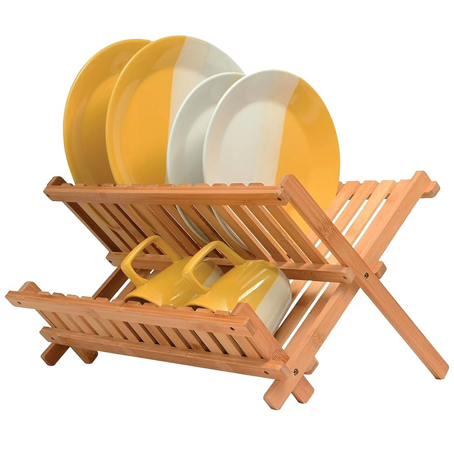 Dish Drying Rack - Collapsible 2-Tier Bamboo Dish Rack for Kitchen Counter, Wooden Dish Drainer w... | Amazon (US)