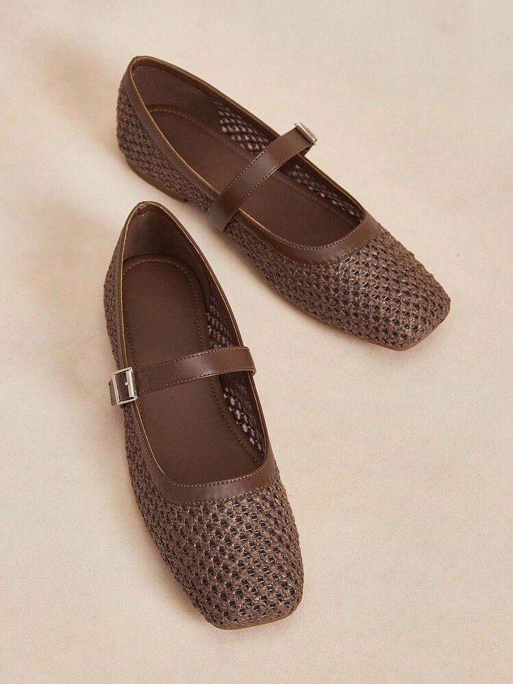 Rosivie 2025 New Coffee Color Fashion Versatile Low Vamp Hollow Breathable Woven Mesh Flat Casual... | SHEIN