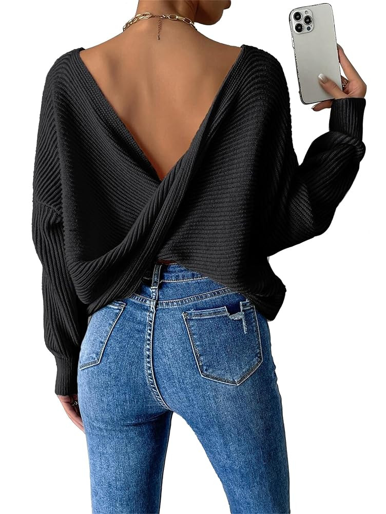 SKAYS Open Back Sweater for Women, Women Criss Cross Boat Neck Long Sleeve Crop Sweater, Frenchy ... | Amazon (US)