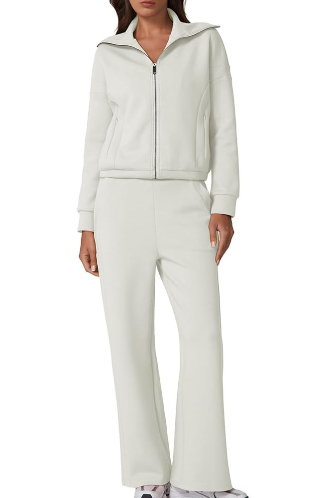 QINSEN Women's Cotton 2 Piece Outfits Lapel Long Sleeve Zip Up Sweatshirt Wide Leg Pants Matching... | Amazon (US)