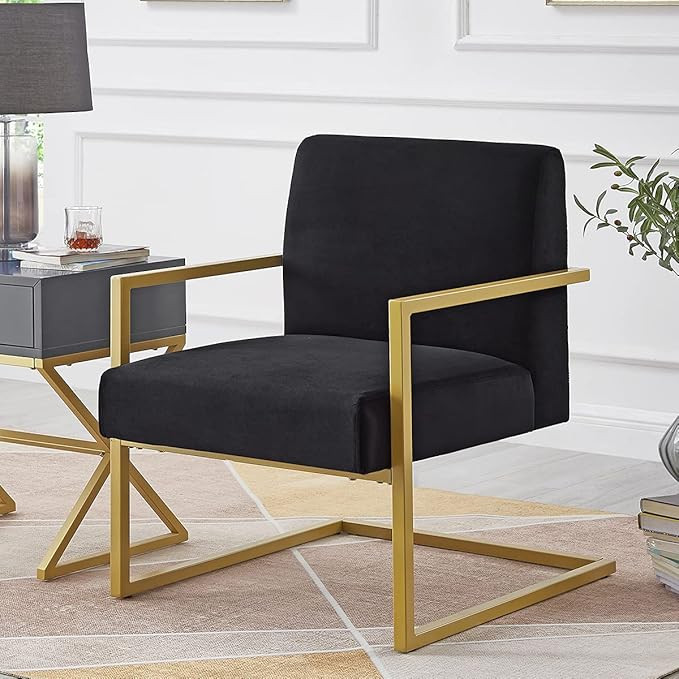 24KF Comfortable Fashional Accent Chair - Velvet Cushion & Square Arm Metal Golden Stand -Black | Amazon (US)