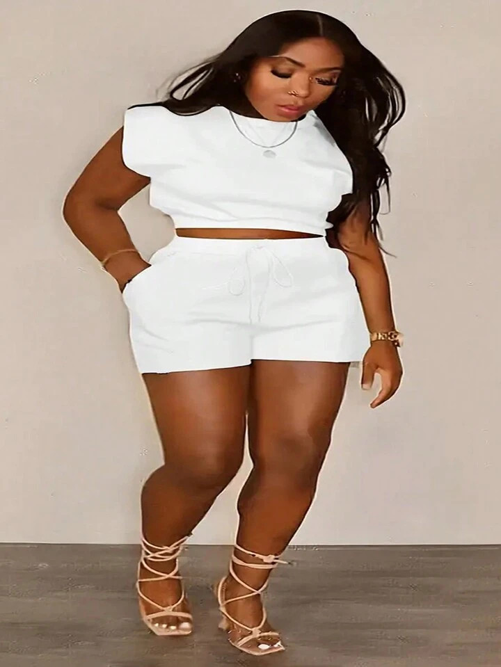 SHEIN Plus Size Women's Plain Casual Daily Wear Top And Shorts 2-Piece Set | SHEIN