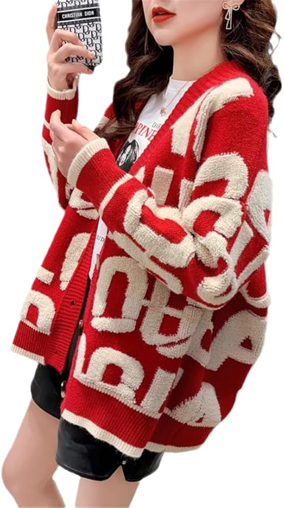 Winter Knitted Letter Cardigan Sweater Coat New Thickened Cute Cartoon Embroidery V-Neck Cardigan... | Amazon (US)