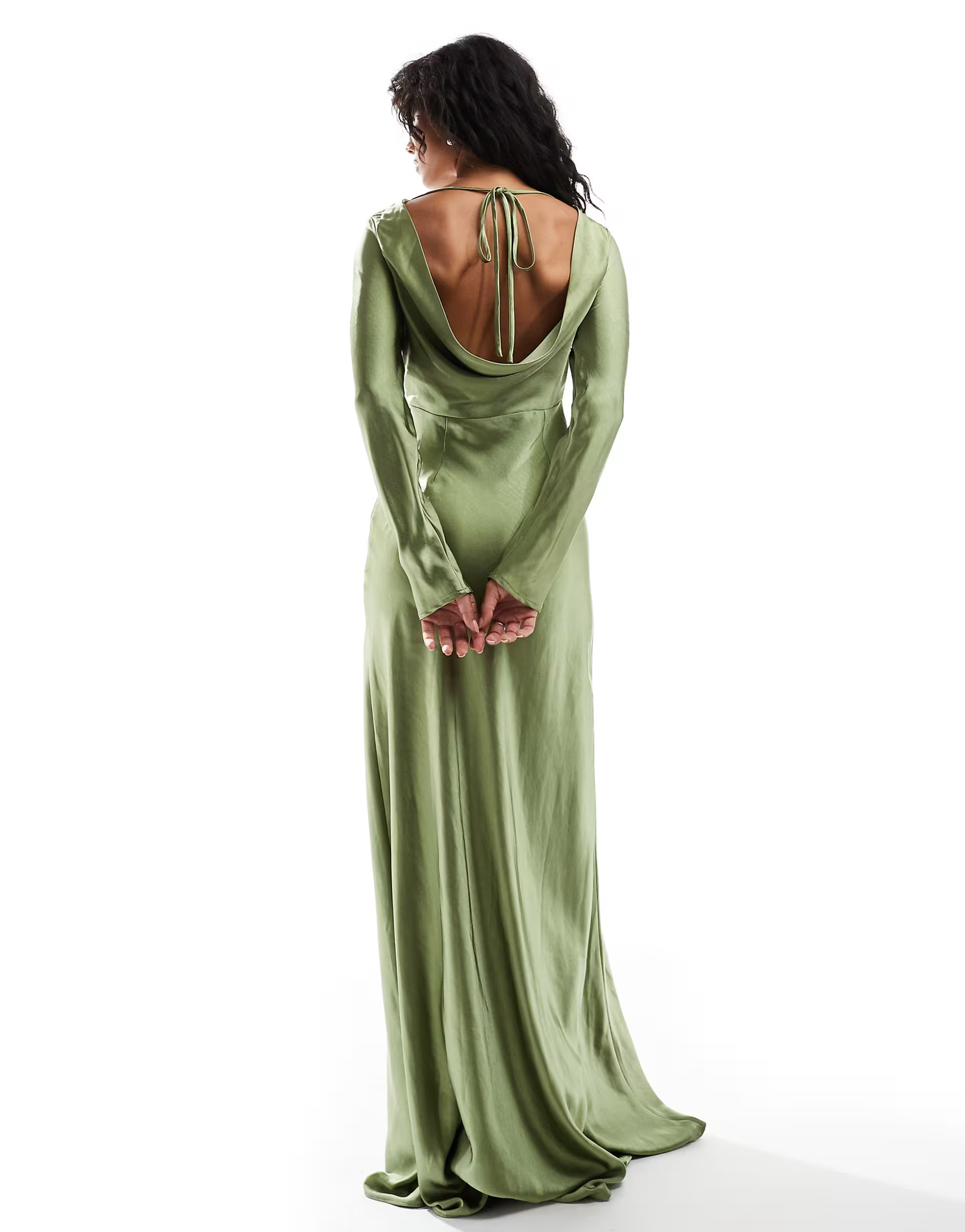 Six Stories Bridesmaids long sleeve cowl back satin maxi dress in moss green | ASOS (Global)
