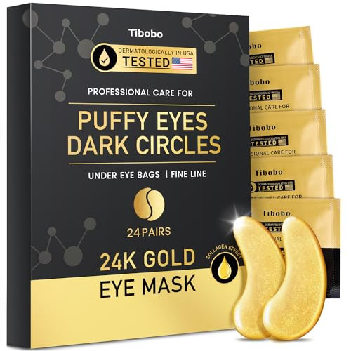 Tibobo Under Eye Patches (24 Pairs) - 24K Gold Eye Masks Enriched with Abundant Collagen | Diminish Dark Circles and Puffiness | Anti-Aging, Smooth Fine Line, Nourish Skin | Amazon (US)
