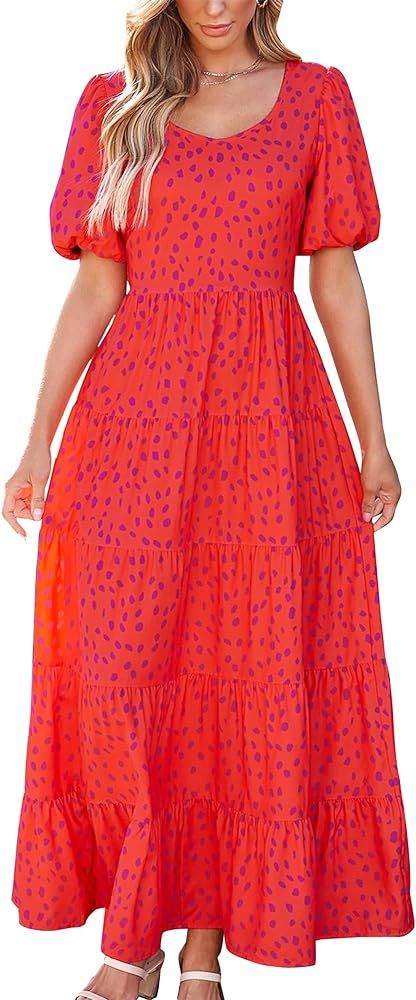 BTFBM Casual Women Summer Dresses 2024 Puff Sleeve Floral Maxi Dresses Smocked Backless Flowy Tie... | Amazon (US)
