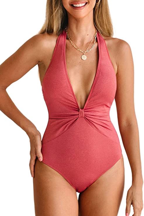 CUPSHE One Piece Swimsuit for Women Deep V Neck Halter Backless Knotted Front Ruching Shiny Bathi... | Amazon (US)