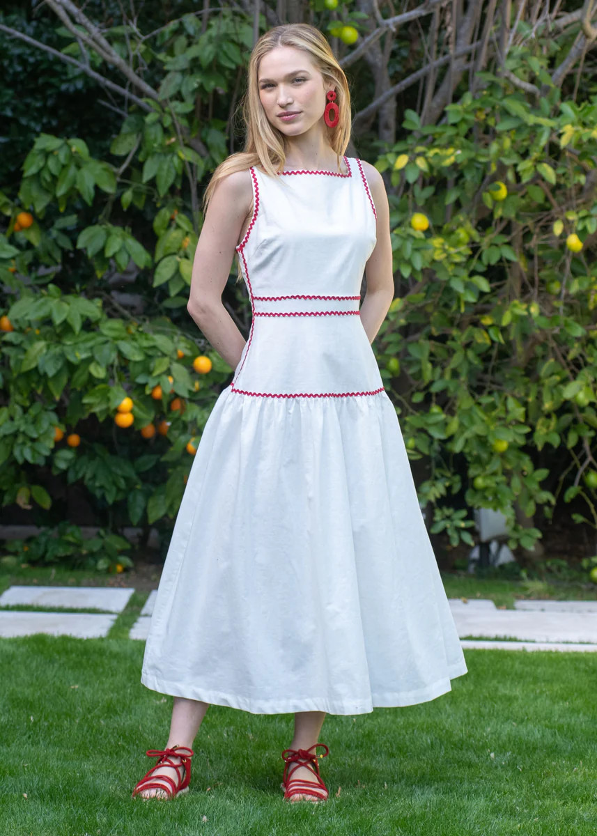 Greta Sleeveless Square Neck White Midi Dress Ricrac Trim | Benaar La