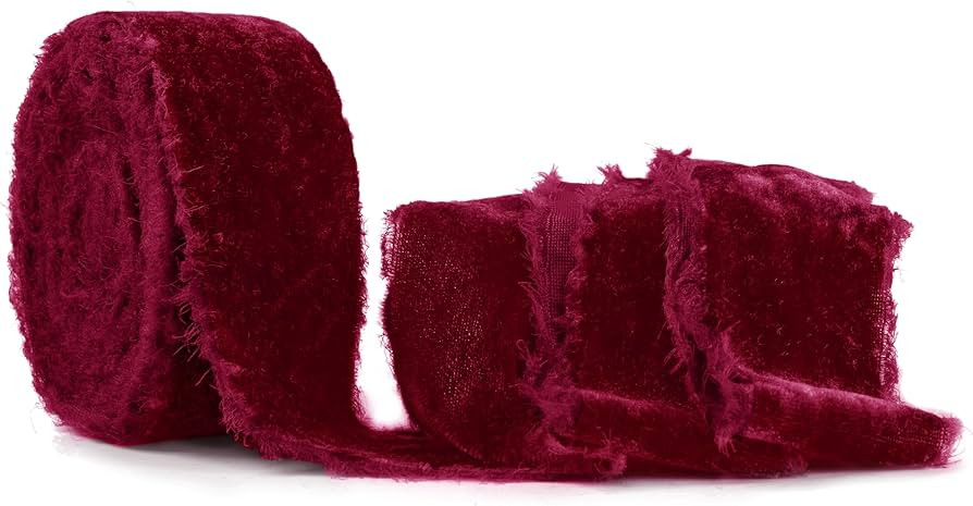 SIMISI RIBBON Burgundy Frayed Velvet Ribbon 1.5 Inch Handmade Vintage Ribbon for Christmas Tree, ... | Amazon (US)