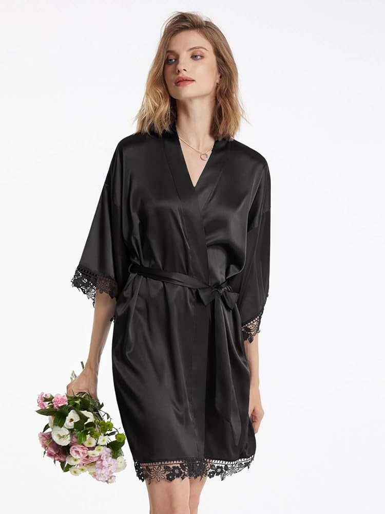 AW BRIDAL Women's Silk Robe Satin Robe with Lace Trim∣Bridal Party Robe Bridesmaids Robes Bride Robe | Amazon (US)