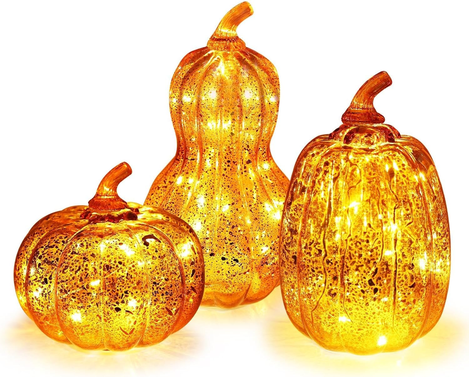 DECORKEY Fall Decorations for Home, Set of 3 Glass Pumpkin with LED Lights Thanksgiving Table Decor, Timer Lighted Pumpkin Decorations for Indoor Fall Mantel Decorating (Orange) | Amazon (US)